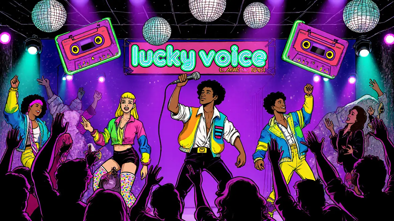 80s themed karaoke night with retro décor and an enthusiastic crowd.