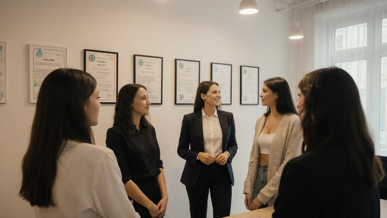 A diverse group of escorts and a counselor meet in a professional office with legal documents displayed.