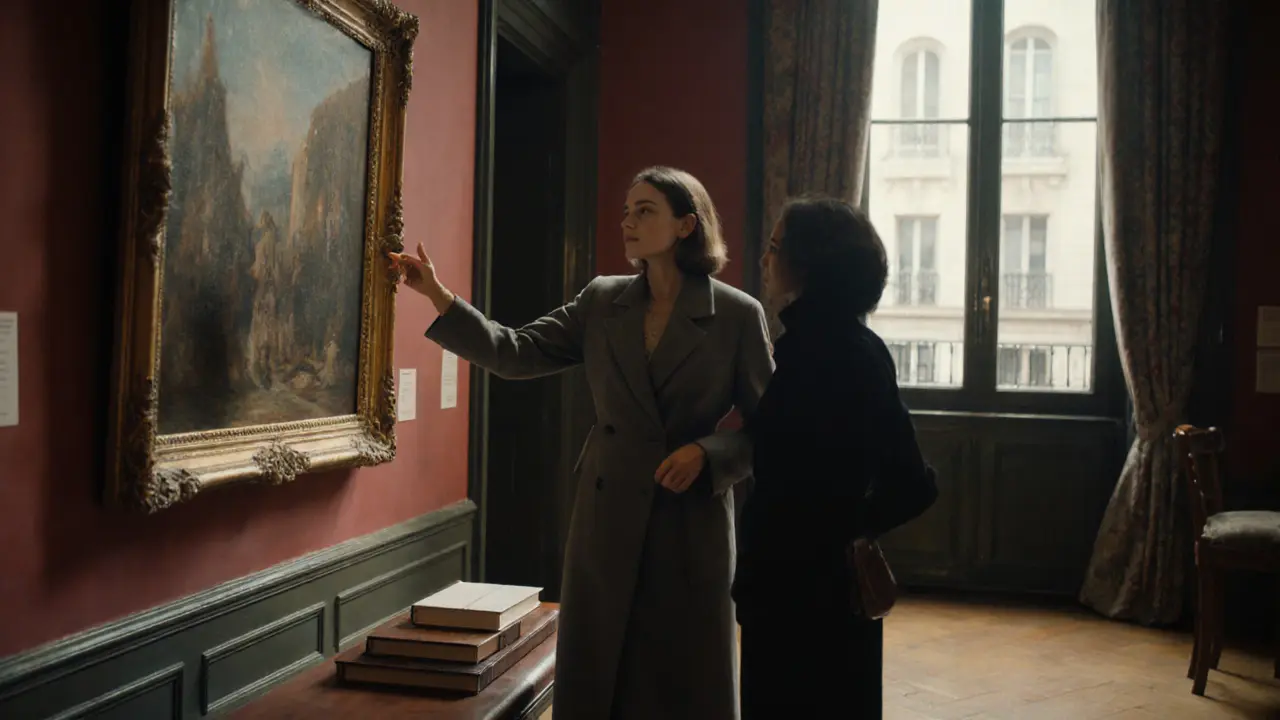 A woman explaining art in a gallery to a client, natural light streaming through windows.