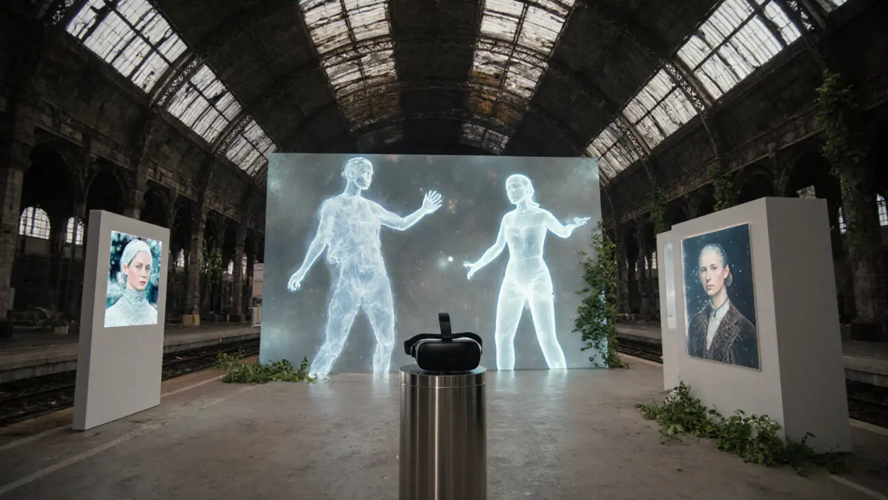 Abandoned train station pop‑up salon with AR escort avatars, VR headset, and holographic art installations.