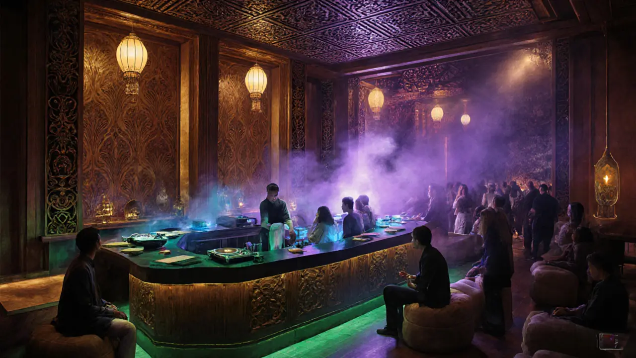 Asian‑styled lounge with DJ, lanterns, and stylish patrons in a vibrant setting.
