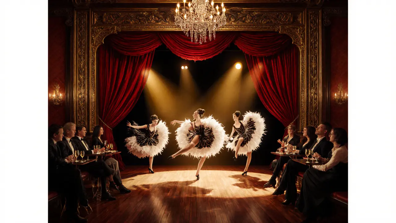 Cabaret stage with can‑can dancers, spotlights, and audience in smart‑casual attire.