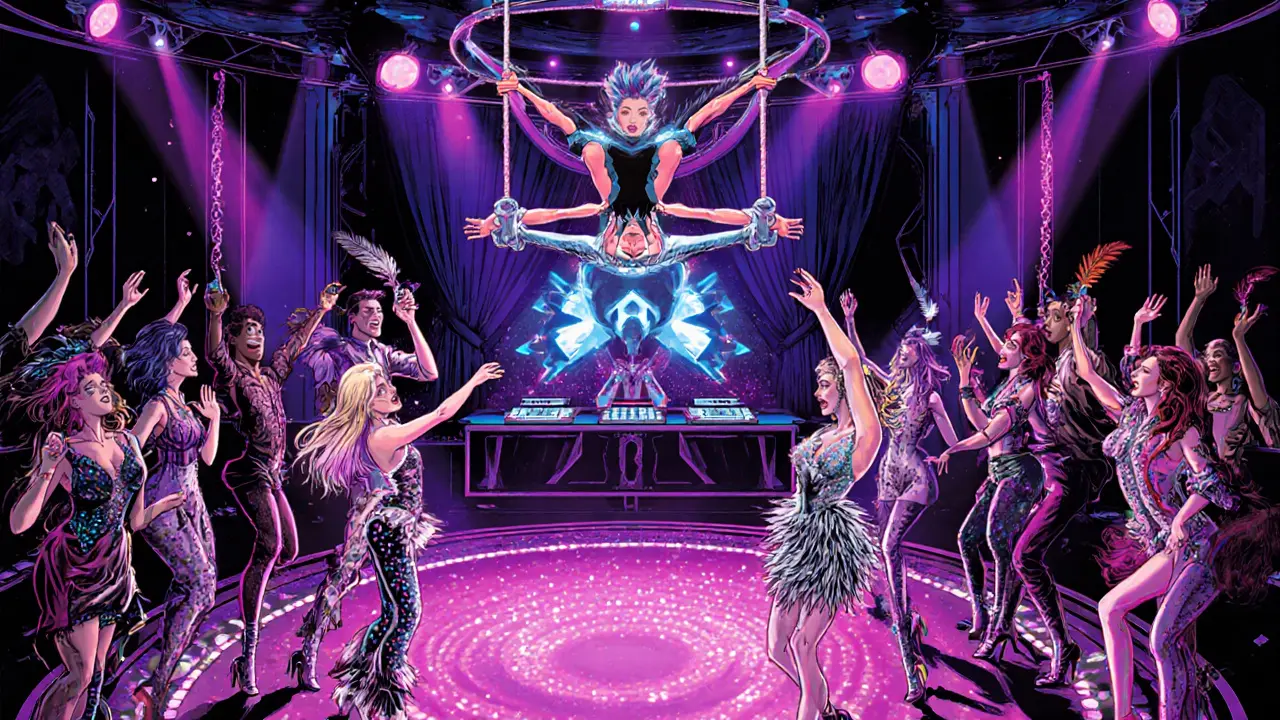 Cirque le Soir interior with acrobat and patrons in glittery avant‑garde outfits.