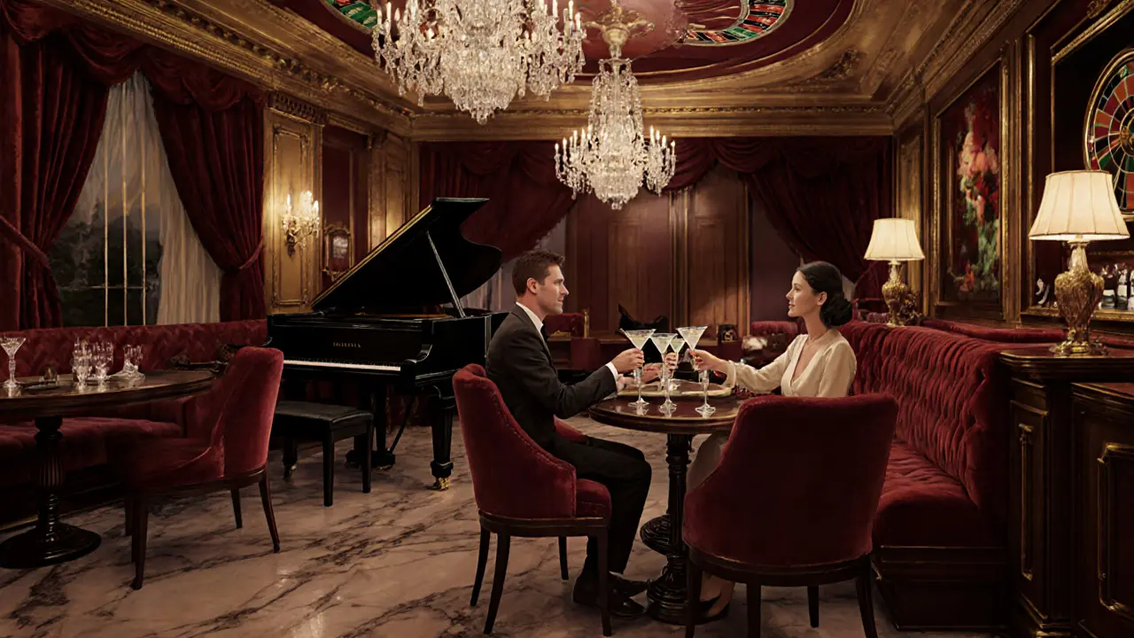 Couple at a velvet booth in Monte Carlo Casino&#039;s bar, champagne glasses clinked.