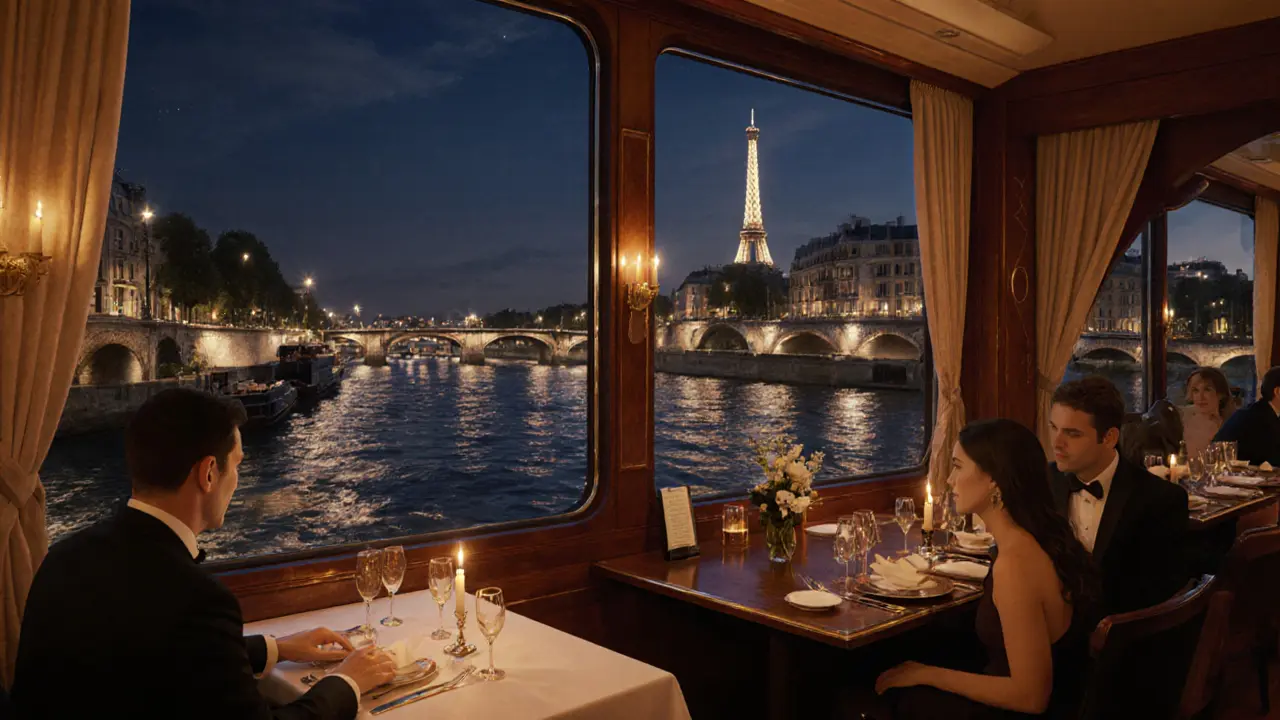 Couple dining by a river window with a live pianist, lantern light reflecting on the Seine.