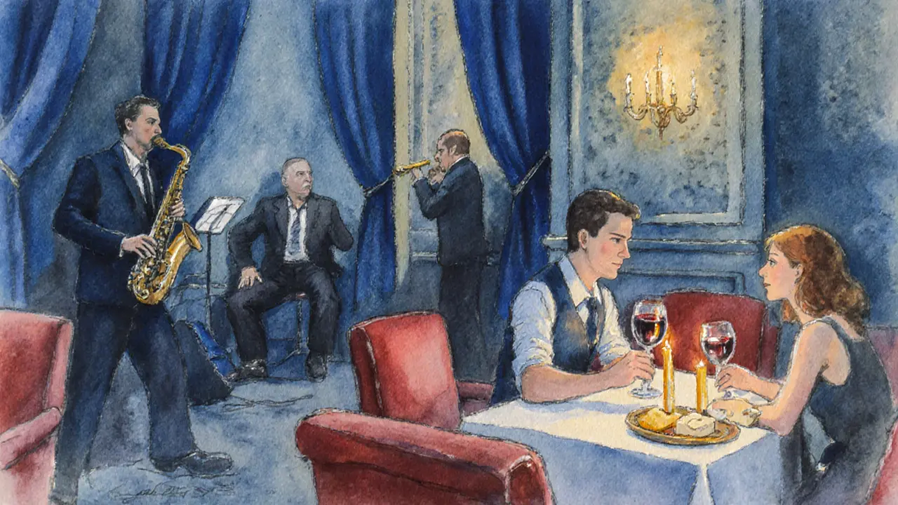 Couple enjoying wine at a candlelit jazz club with a saxophonist playing.