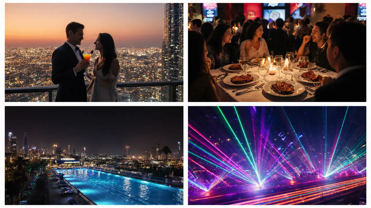 Couple moving through Abu Dhabi nightlife: sunset cocktail, dinner, pool party, high‑energy club.