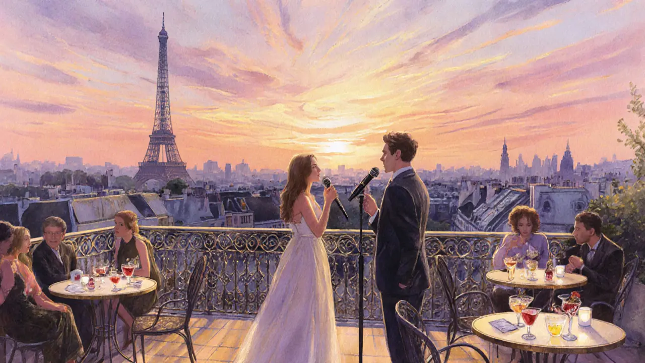 Couple singing karaoke on a rooftop terrace with the Eiffel Tower at sunset.