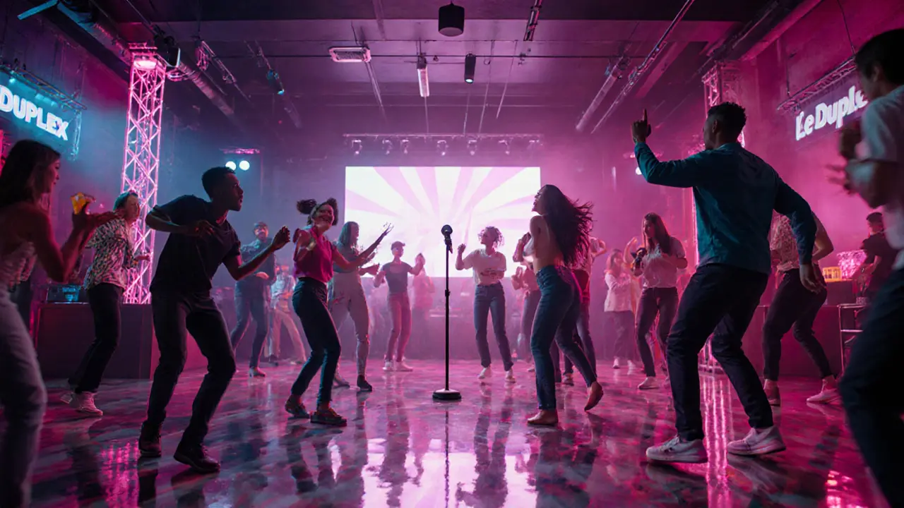Crowded dance floor at Le Duplex with neon lights and a DJ booth.