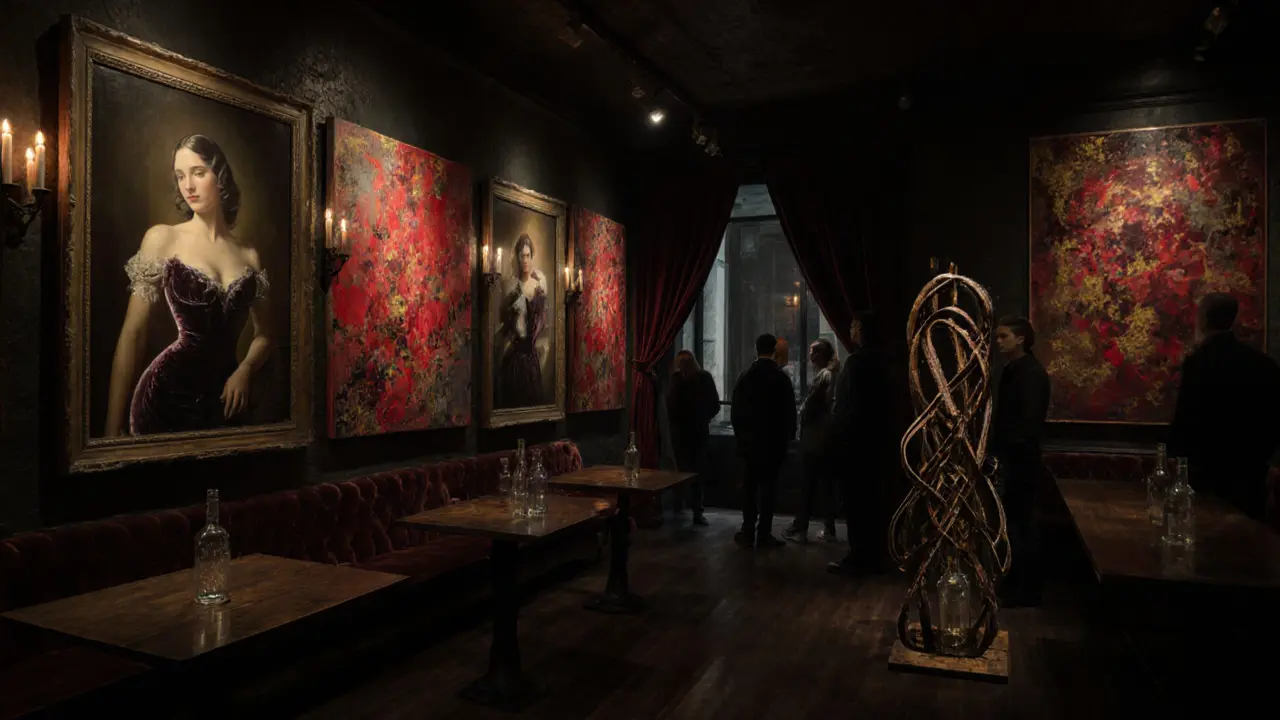 Dimly lit gallery in a former brothel showing portrait paintings of escorts and abstract red‑gold canvases.