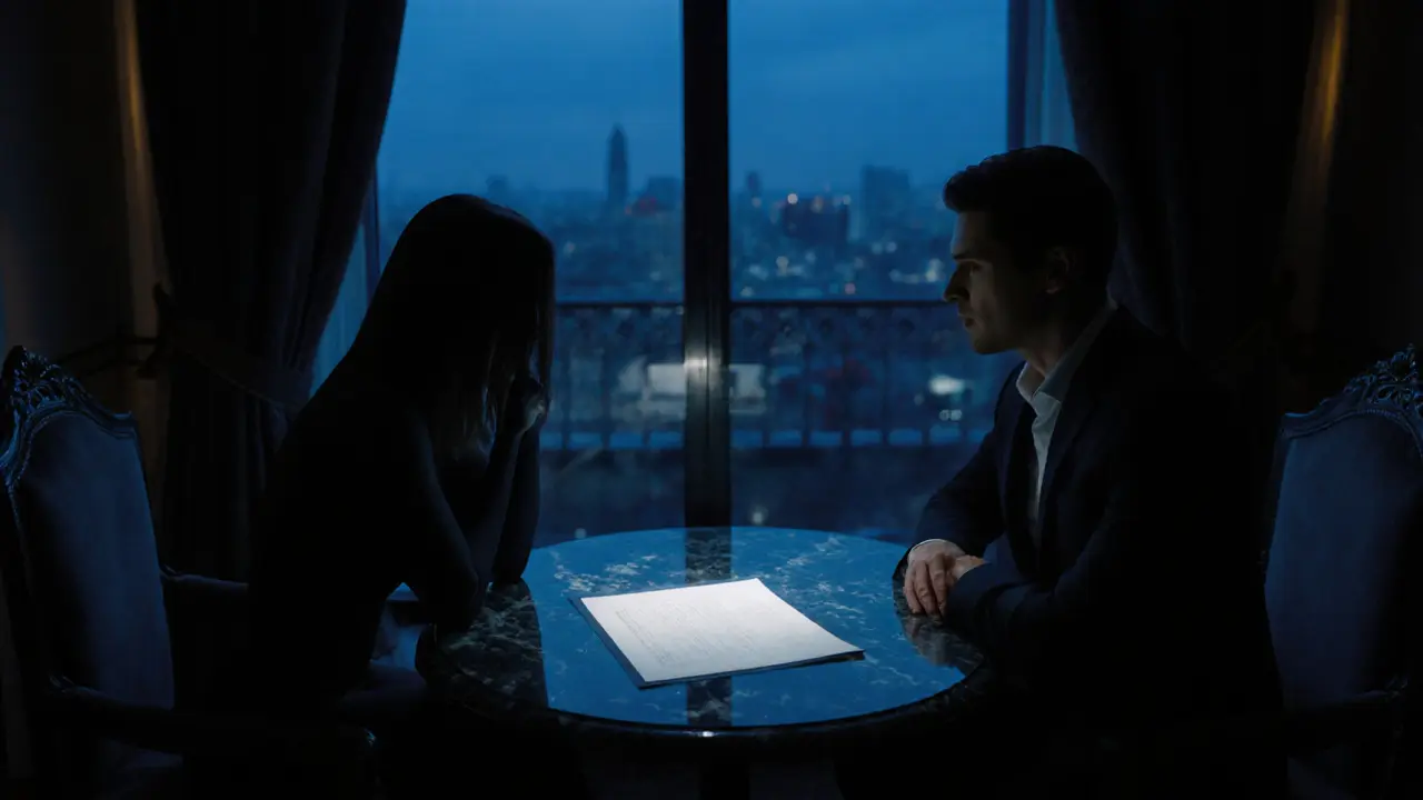 Discreet client and escort sit in a dimly lit luxury lounge with a blurred contract on the table.