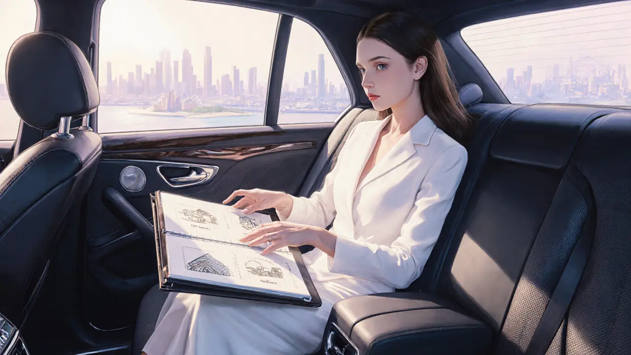 Discrete escort reviewing a travel itinerary inside a luxurious limousine.