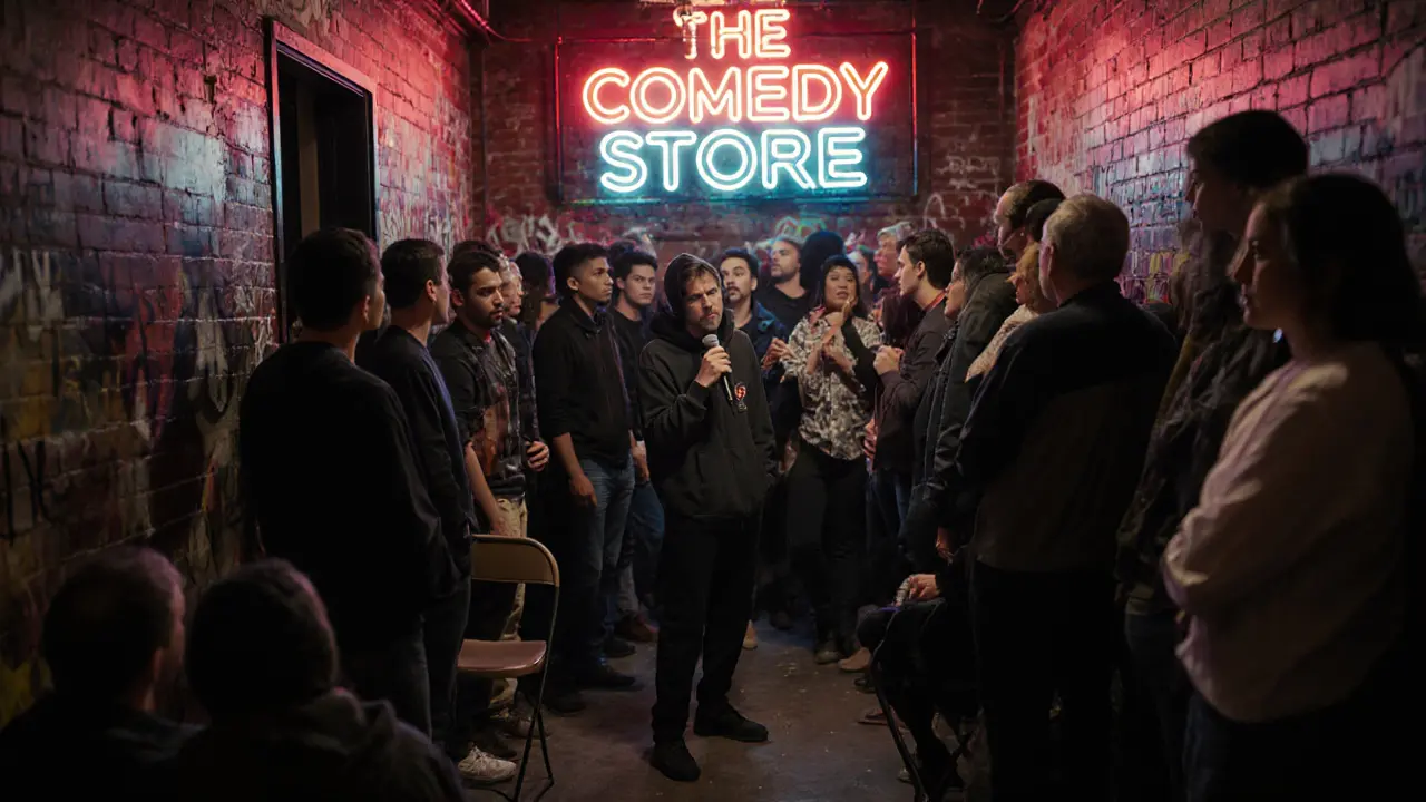 Diverse audience at The Comedy Store's Monday Open Mic Night, comic on stage with nervous expression.