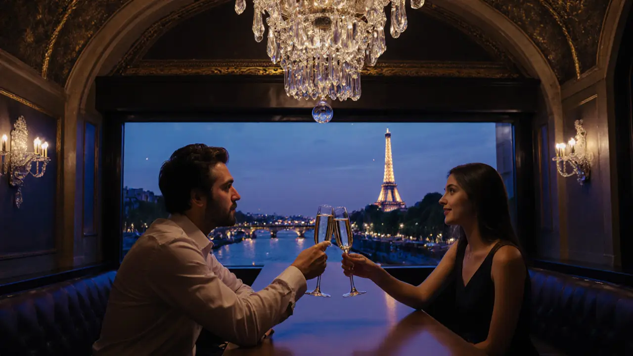 Elegant Champagne toast at Les Caves du Roy with Seine and Eiffel Tower view.