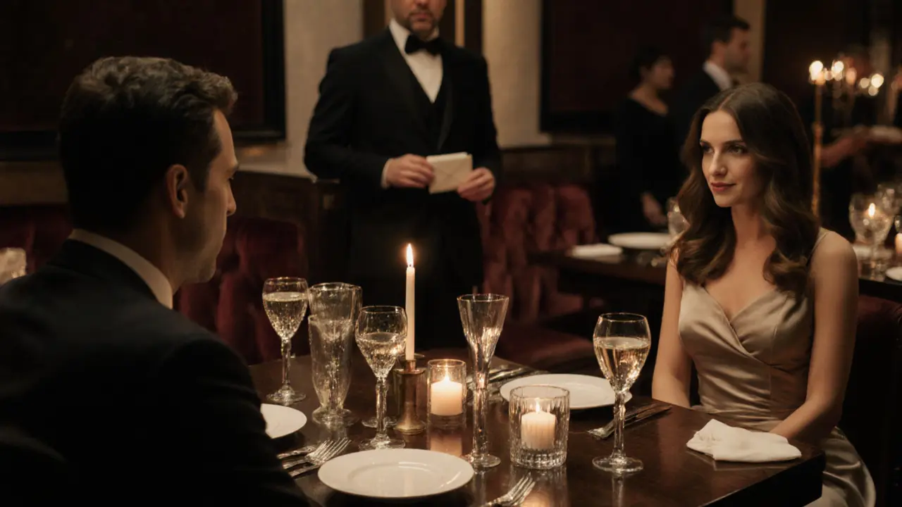Elegant dinner table with champagne, candles, and a companion at a high‑end restaurant.