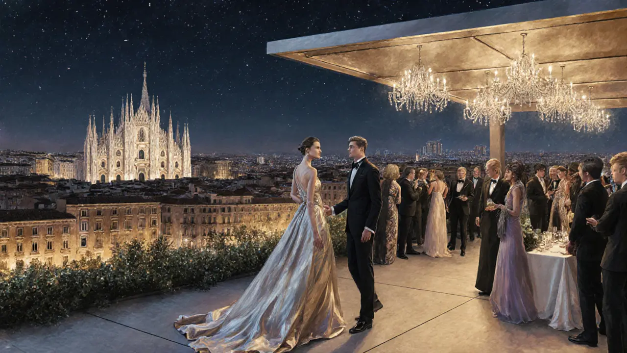Elegant escort accompanies client at a rooftop gala with the Milan skyline in the background.