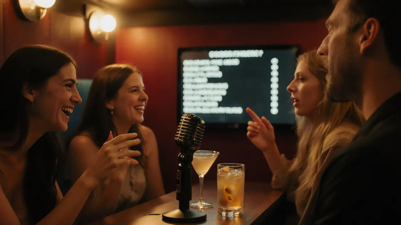 Friends laughing and singing together inside a private karaoke booth.