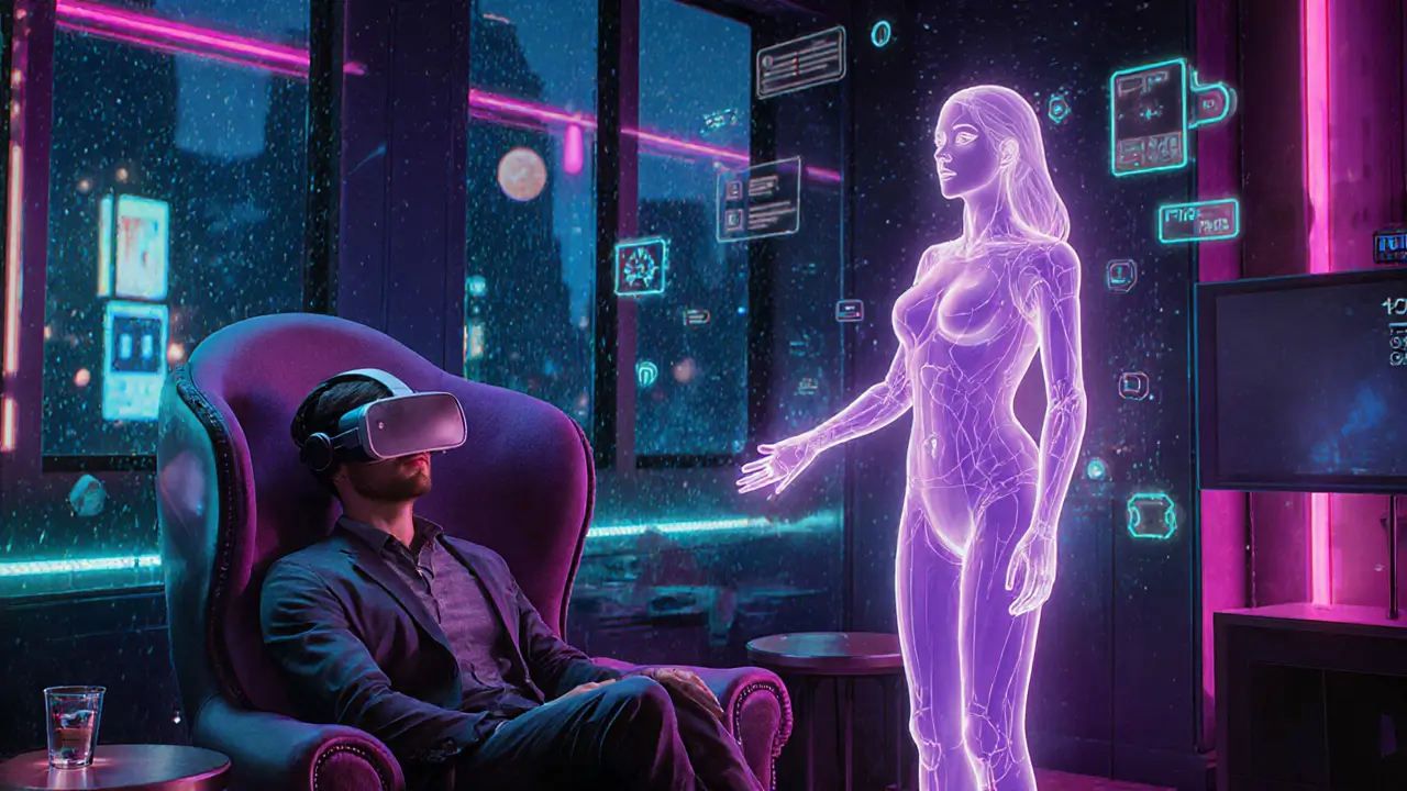 Futuristic VR lounge with holographic escort avatar offering companionship.