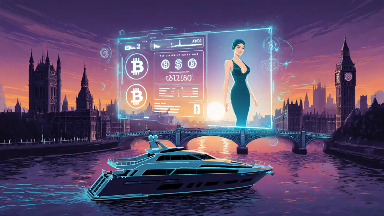 Futuristic VR preview showing a Thames yacht, blockchain symbols, and eco‑friendly details.