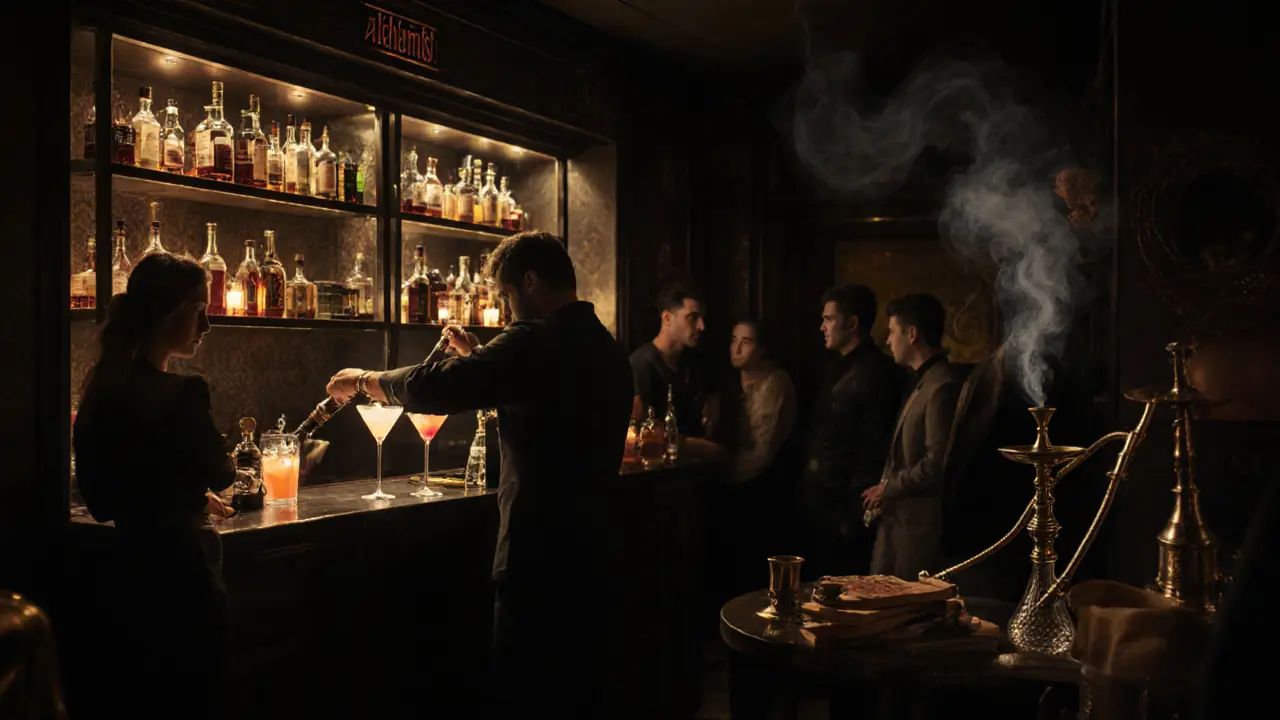 Hidden speakeasy bar with candlelit cocktails and rare spirits, hidden behind a fridge door.