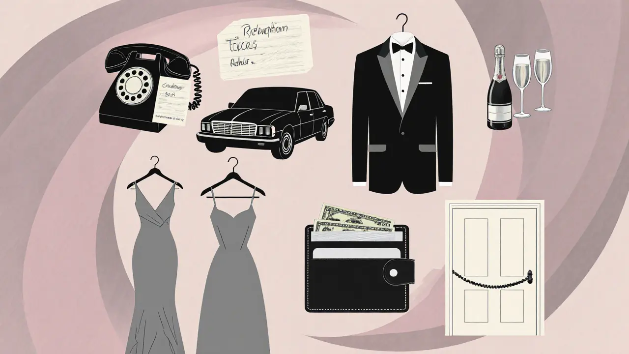 Illustrated collage of items – phone, car, tuxedo, gown, wallet, gift box, champagne, and private room door – representing a seamless fine‑dining date.