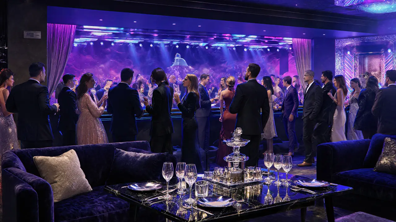 Inside Jimmy'z nightclub with glamorous crowd, LED lighting, and VIP tables.