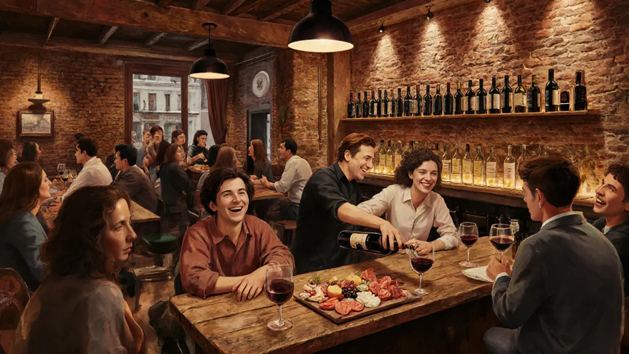 Inside Le Baron Rouge showing natural wines, charcuterie, and lively patrons.