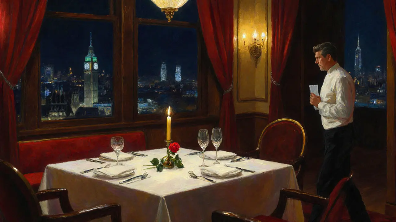 Intimate private dining room with candlelit table, rose and discreet server in a richly colored oil painting style.