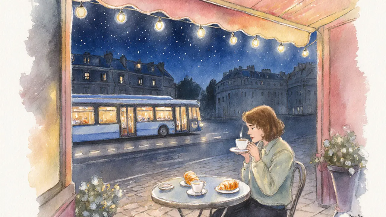 Late‑night café terrace with a person drinking espresso under fairy lights.