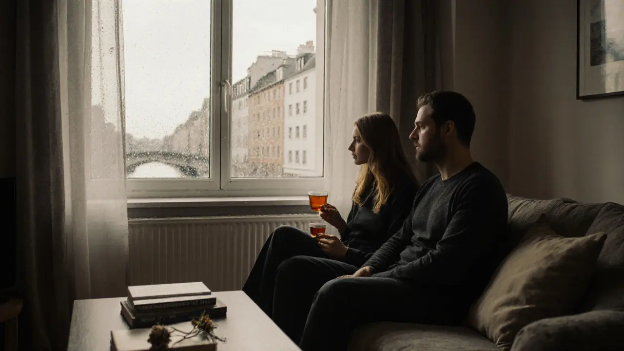 Lea M. and Rafael K. sitting in silent companionship by a window overlooking the Spree River, rain tapping the glass, books and tea nearby.