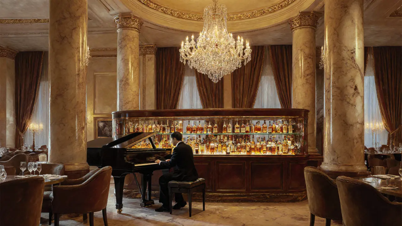 Luxurious bar interior with pianist, premium whisky display, and opulent décor.