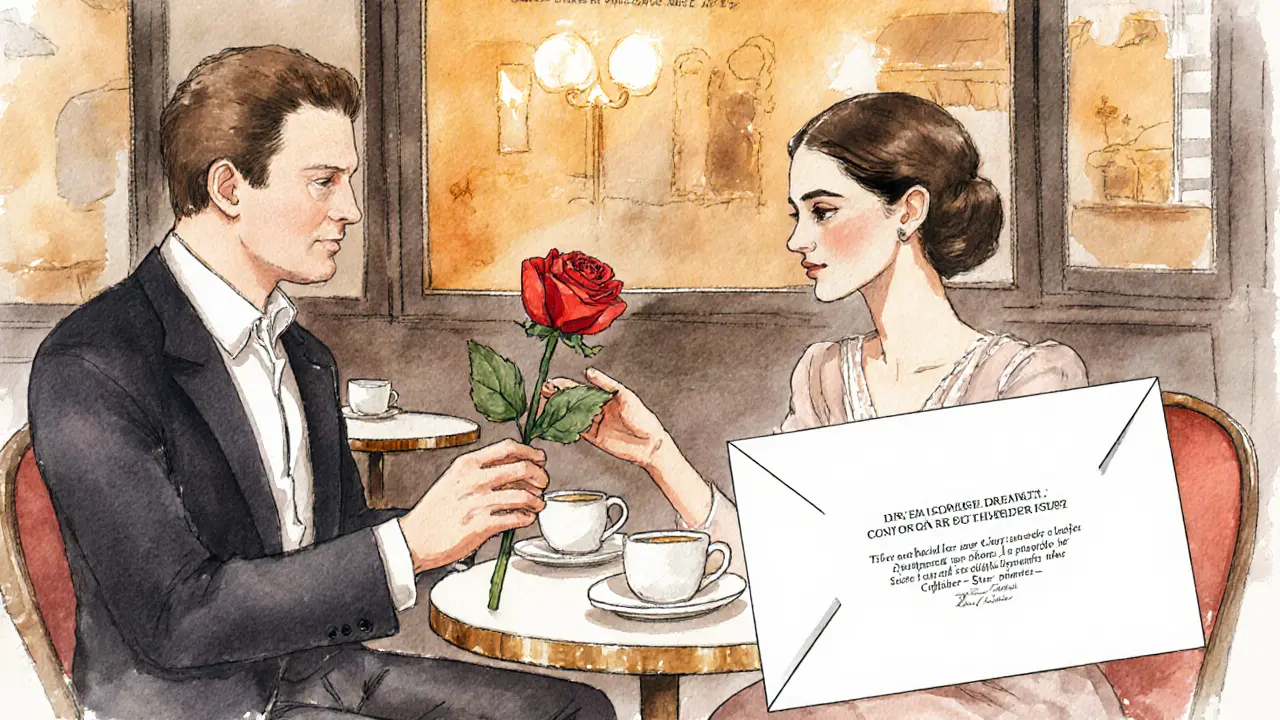 Man offering a red rose to a woman in a café, illustrating polite first meeting.