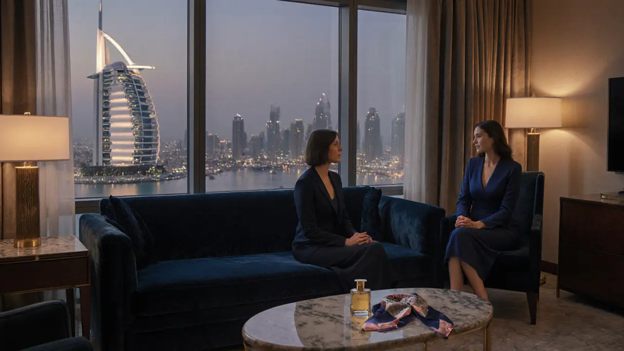 Opulent Burj Al Arab suite with a companion and client sharing a quiet, refined moment.