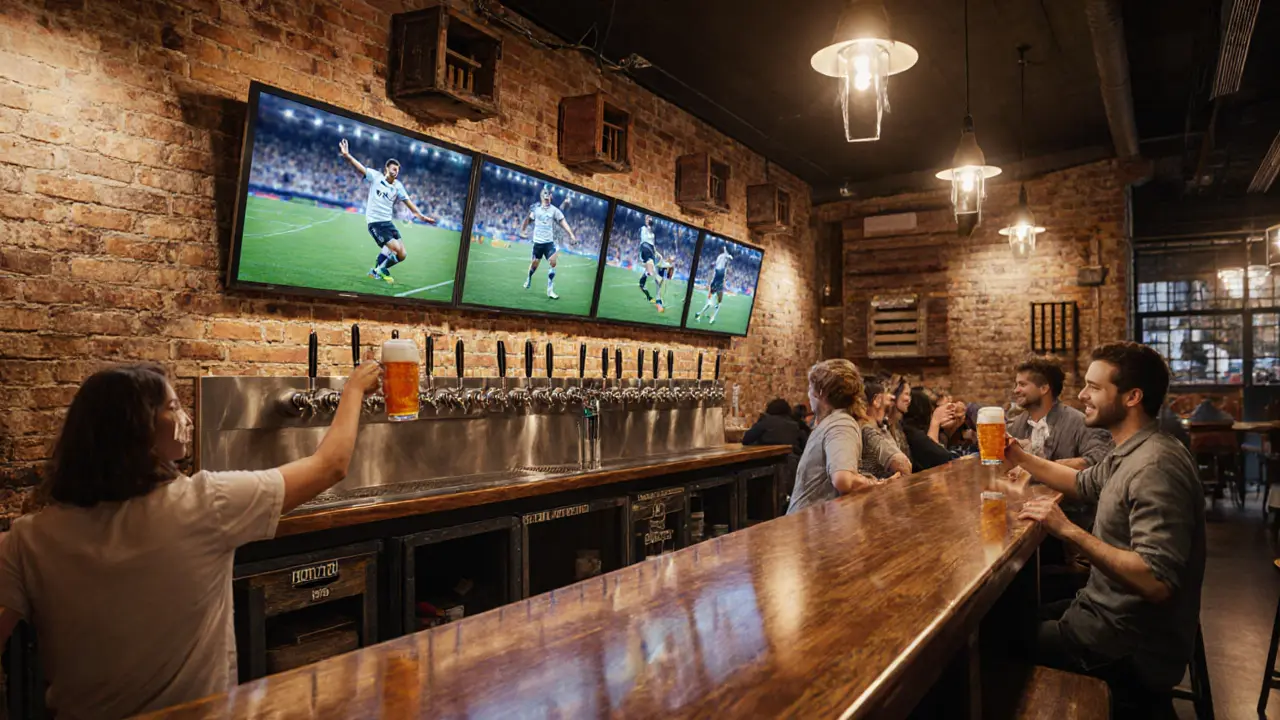 Patrons enjoying craft beer while multiple screens display a soccer match inside a Dubai bar.