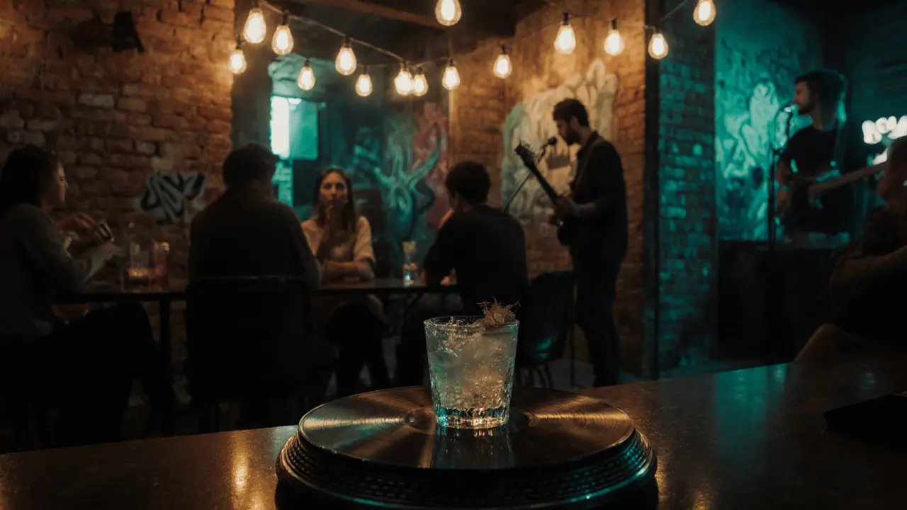 Patrons relaxing in a hidden arts district bar with vinyl records and live Arabic music at night.