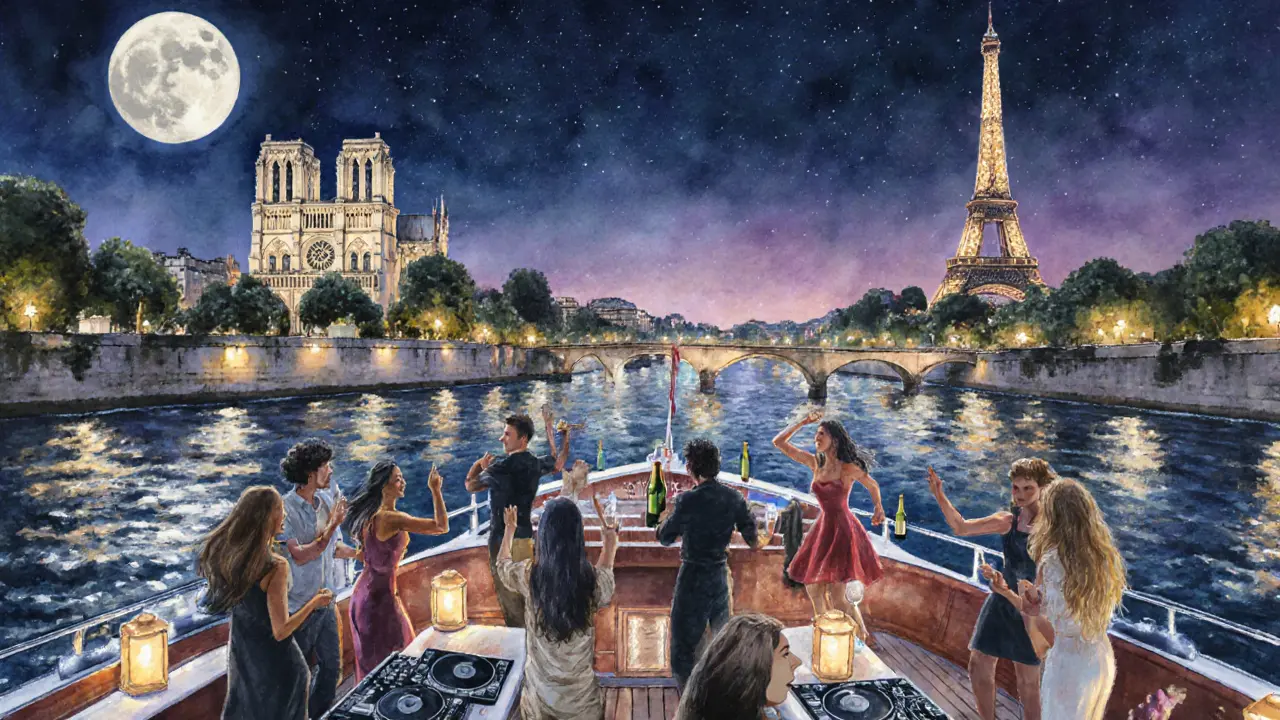 Private Seine night cruise with dancing guests, DJ, and illuminated Paris landmarks.