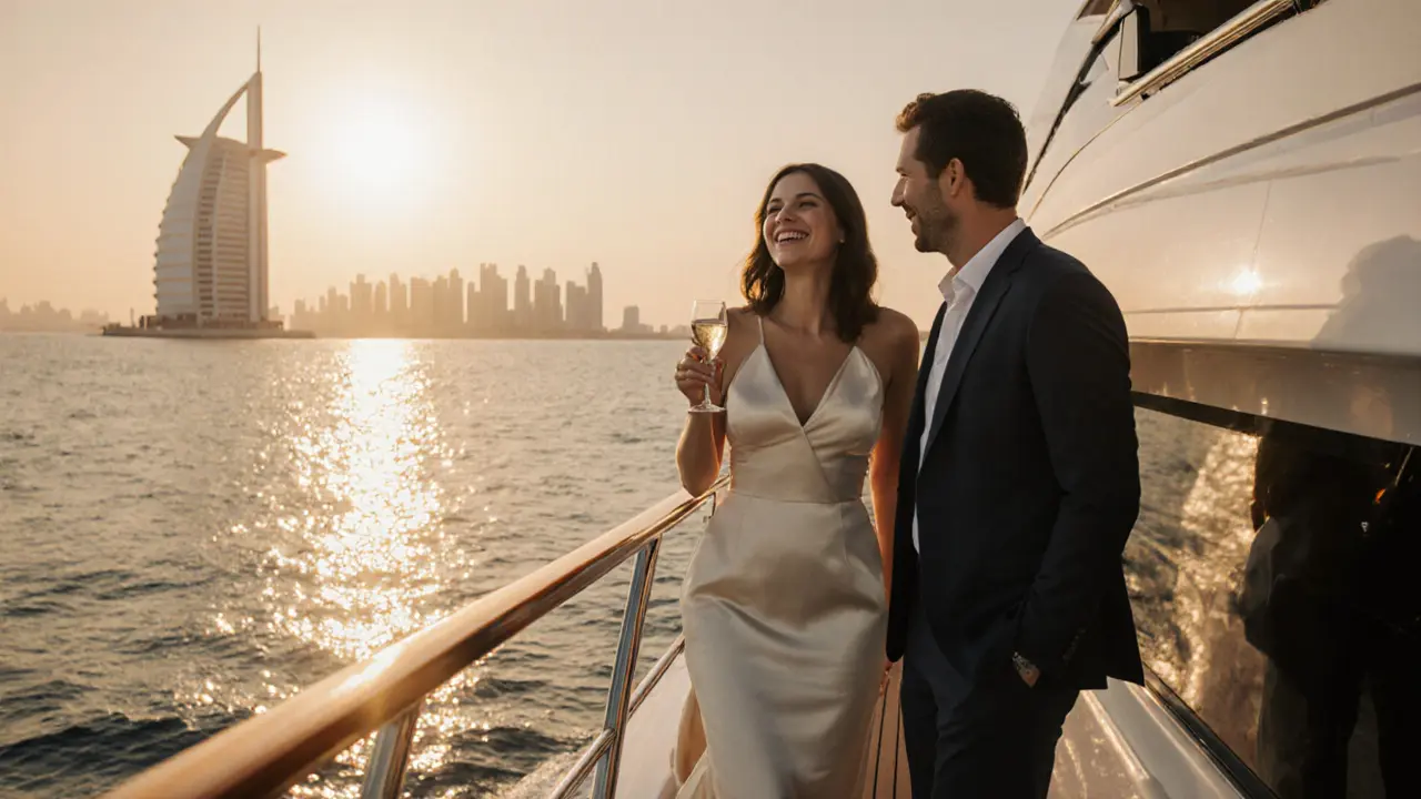 Private yacht at sunset with a well‑dressed couple enjoying drinks, showcasing luxury companionship.
