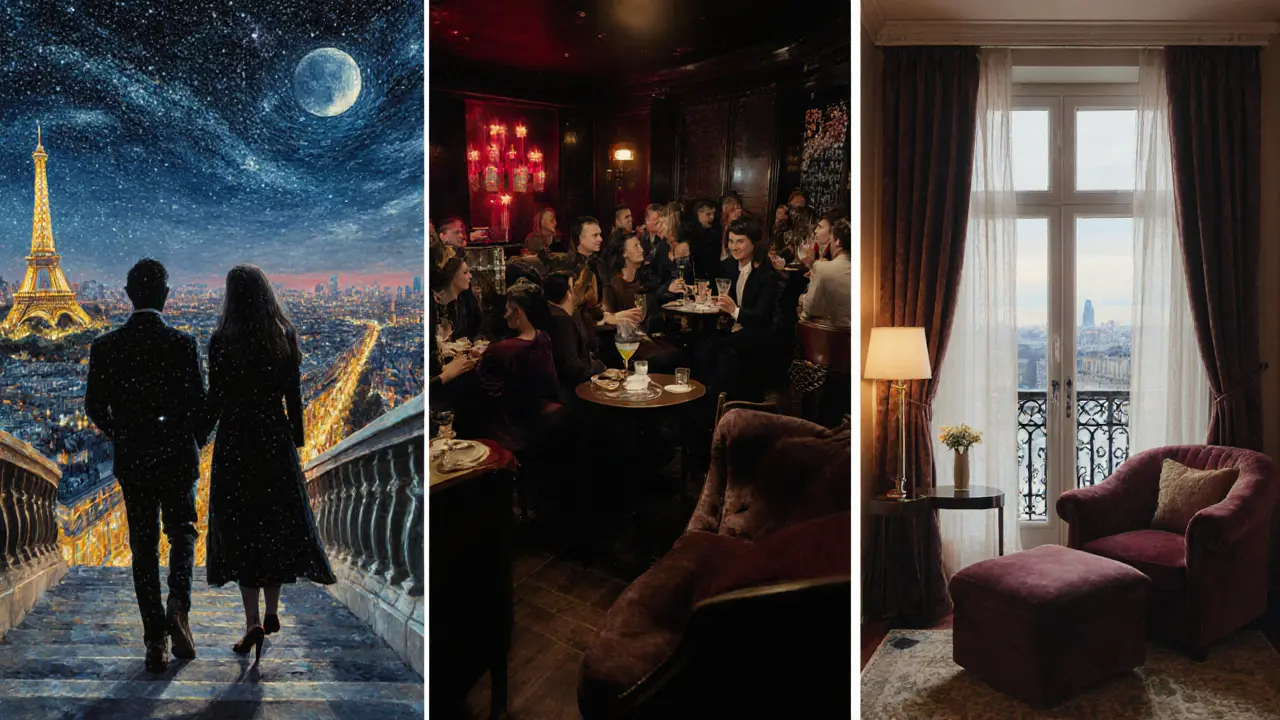 Romantic night view from Montmartre leading to a chic Parisian nightclub and a private suite.