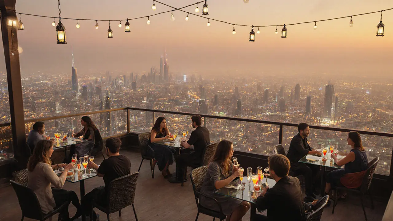 Rooftop bar at Burj Khalifa&#039;s top floor with guests enjoying cocktails as the city lights up at night.