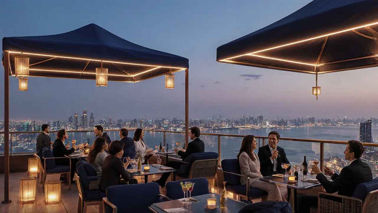 Rooftop lounge Iris with panoramic city view, guests enjoying cocktails under warm lights.
