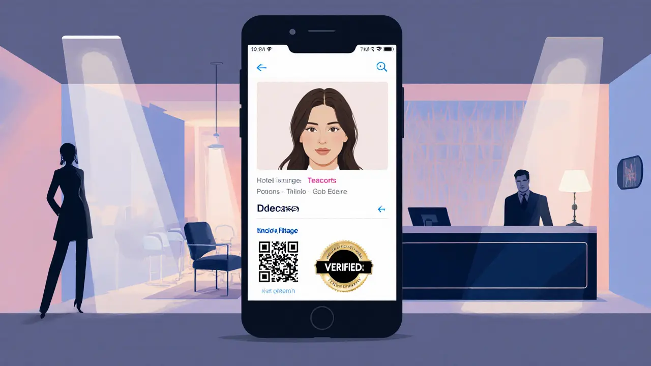 Smartphone screen shows verified escort profile beside a hotel lounge.