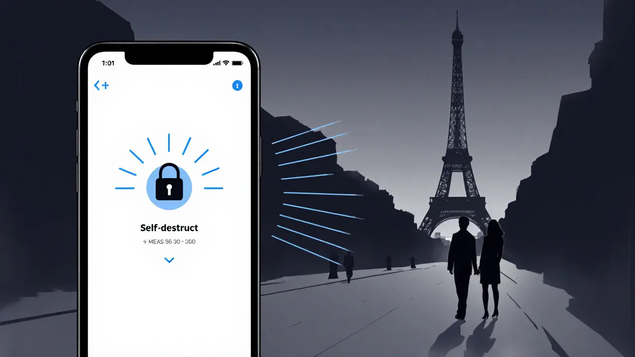 Smartphone with encrypted messaging icons over a blurred Paris night backdrop.