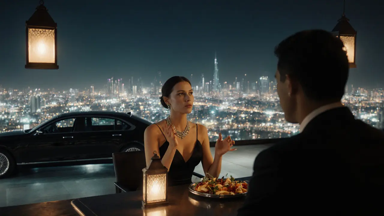 Sophisticated escort at a rooftop bar with city lights and a luxury sedan nearby.