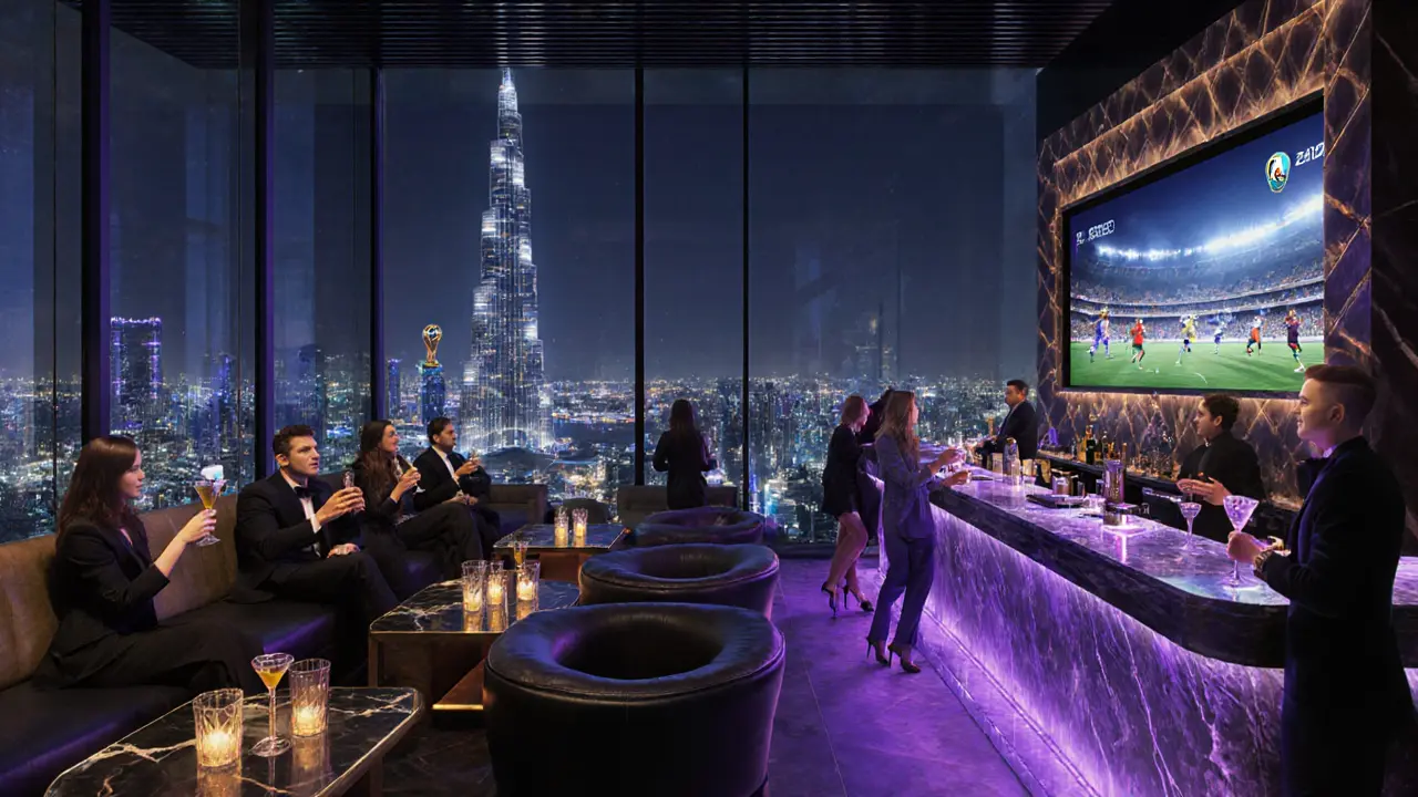 Sophisticated guests sipping cocktails in a high‑end Dubai lounge with an 8K projector.