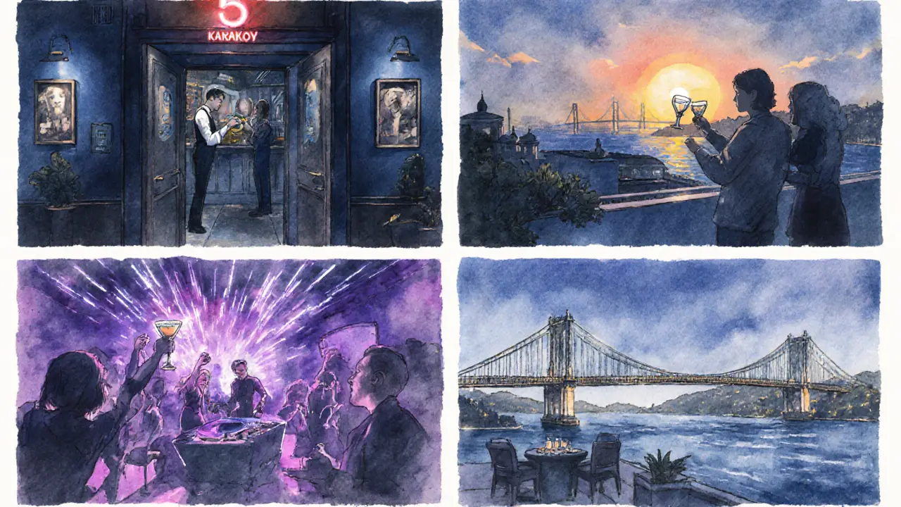 Storyboard of a night itinerary: 5 Karaköy bar, Vogue rooftop, Sortie club, Eleos rooftop.