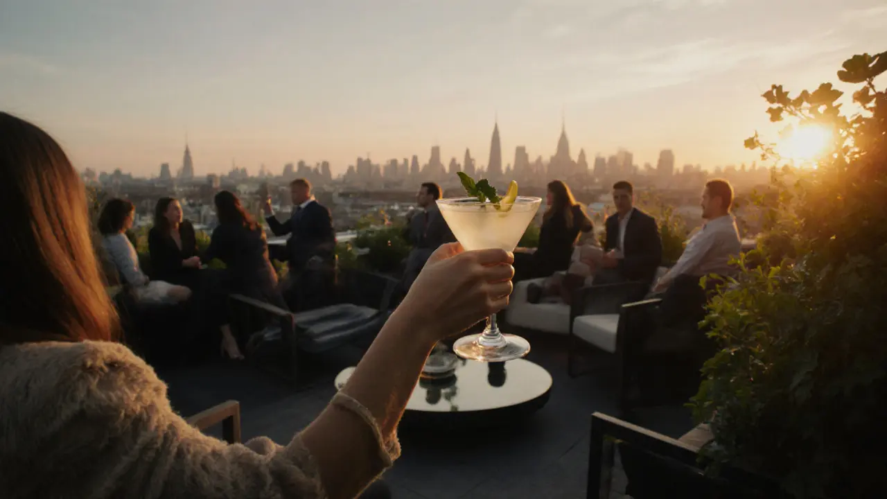 Sunset rooftop garden lounge with fashionable guests sipping cocktails and city skyline.