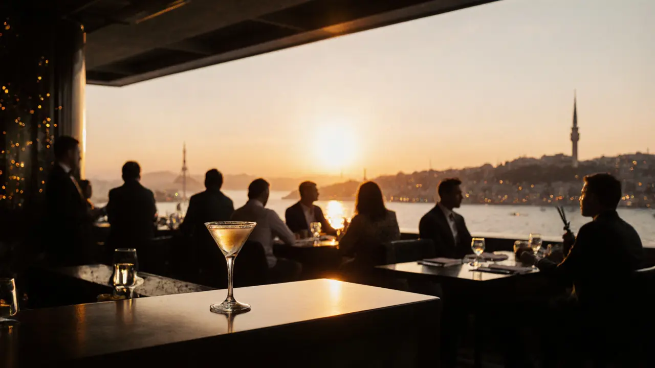 Sunset rooftop view at Vogue bar showing a cocktail, patrons, and Bosphorus skyline.