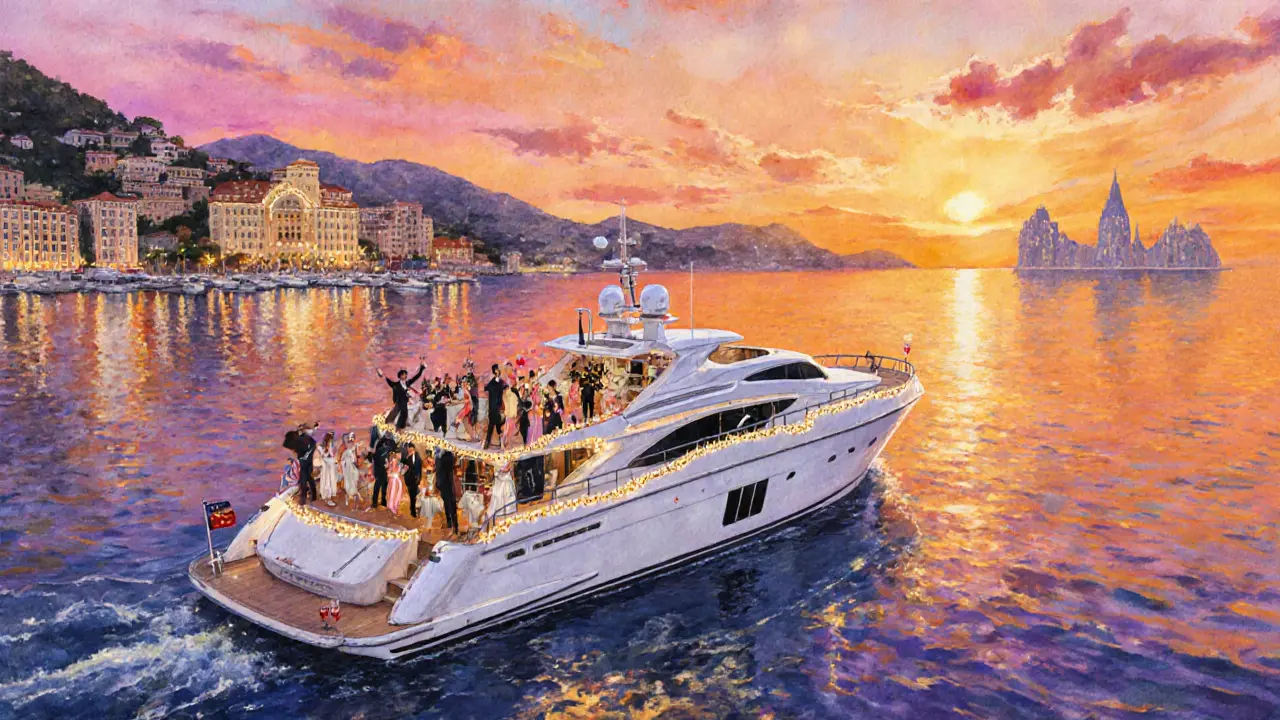 Sunset yacht party in Port Hercules with dancing guests and Monaco skyline.