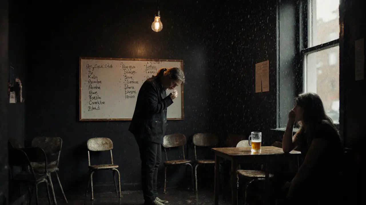 Tiny, dimly lit comedy club room with emotional performer and tearful audience member under a bare bulb.