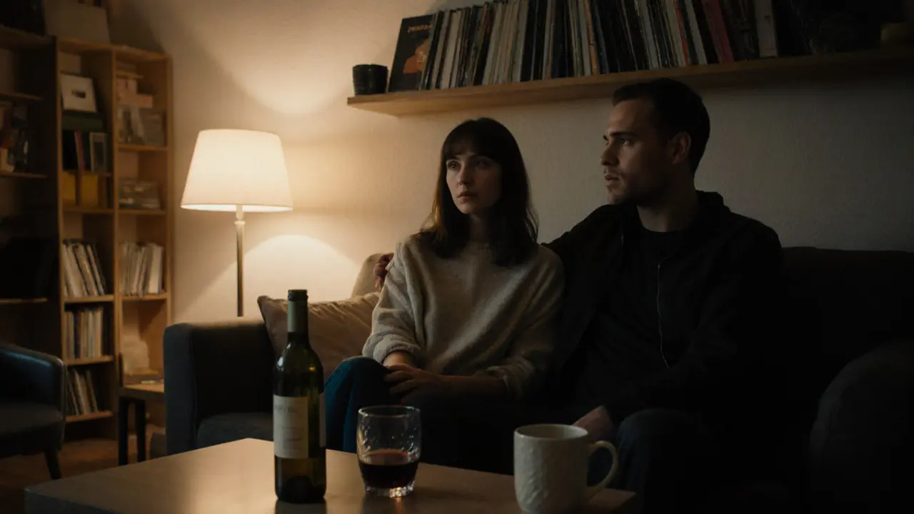 Two people sit together in a cozy apartment, enjoying quiet companionship with books and vinyl.